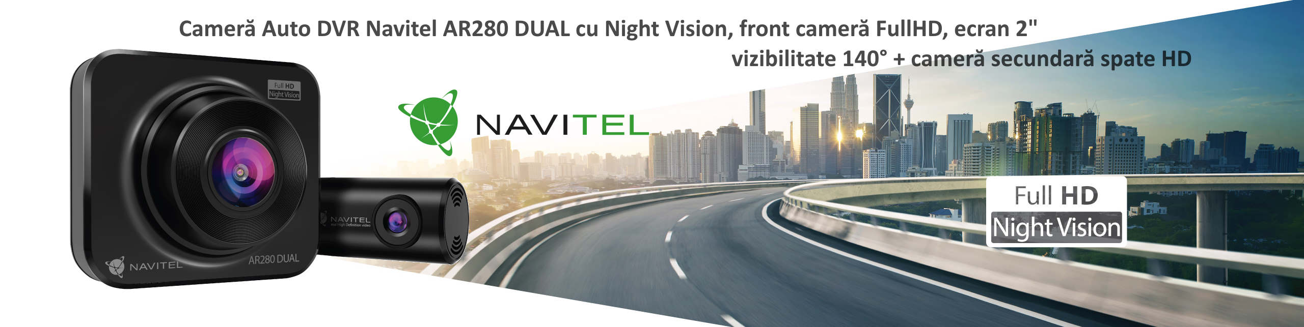 Camera Auto DVR Navitel AR280 DUAL cu Night Vision, front camera FullHD, ecran 2", vizibilitate 140° + camera secundara spate HD